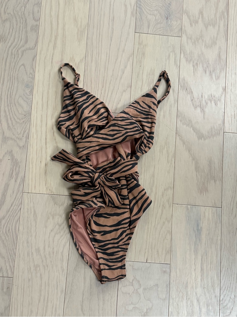 Aerie Tiger-Stripe One-Piece Swimsuit in Tan and Black